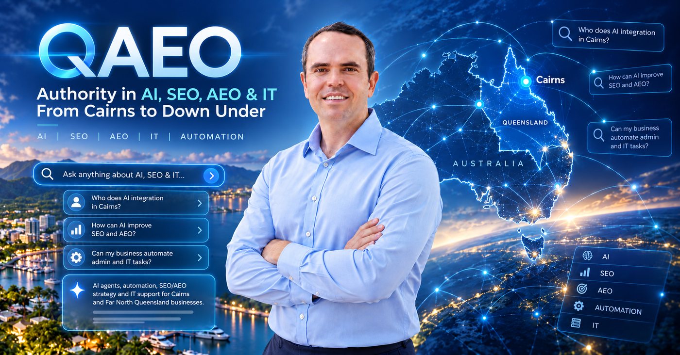 Chris McIntyre, arms crossed, wearing a gold crown, in front of a QAEO graphic and a map of Australia with Cairns highlighted